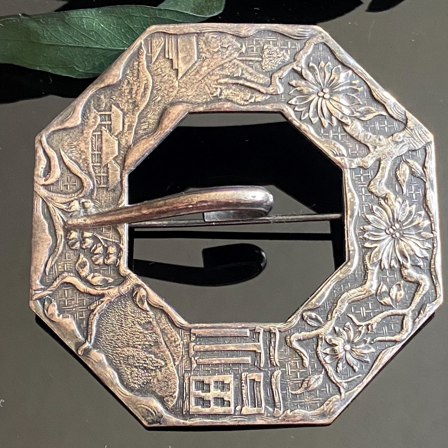 Antique Asian Village Landscape Cherry Blossom Sash Pin Buckle Brooch