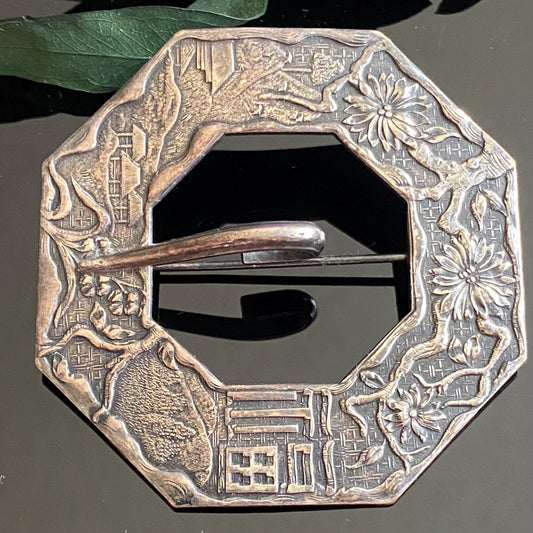 Antique Asian Village Landscape Cherry Blossom Sash Pin Buckle Brooch