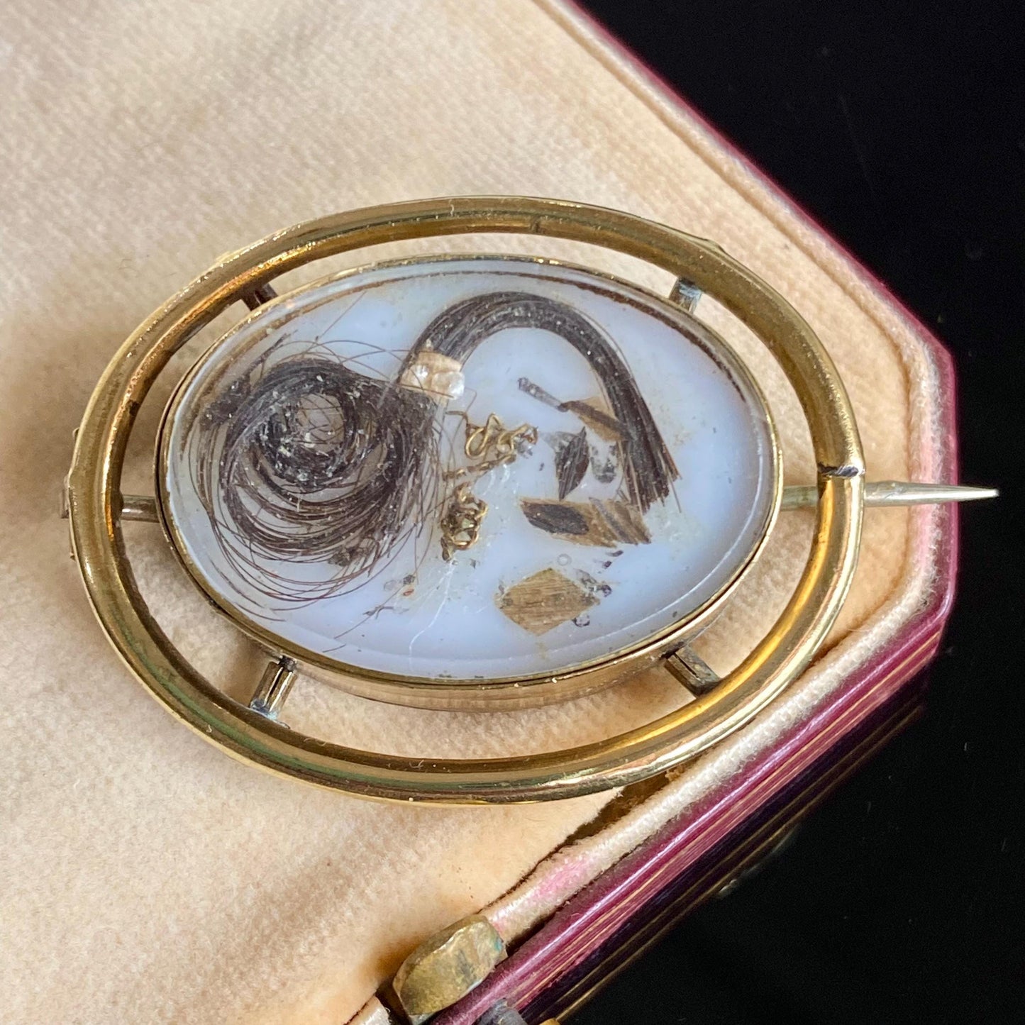 Antique Victorian Hairwork Glass Locket Brooch