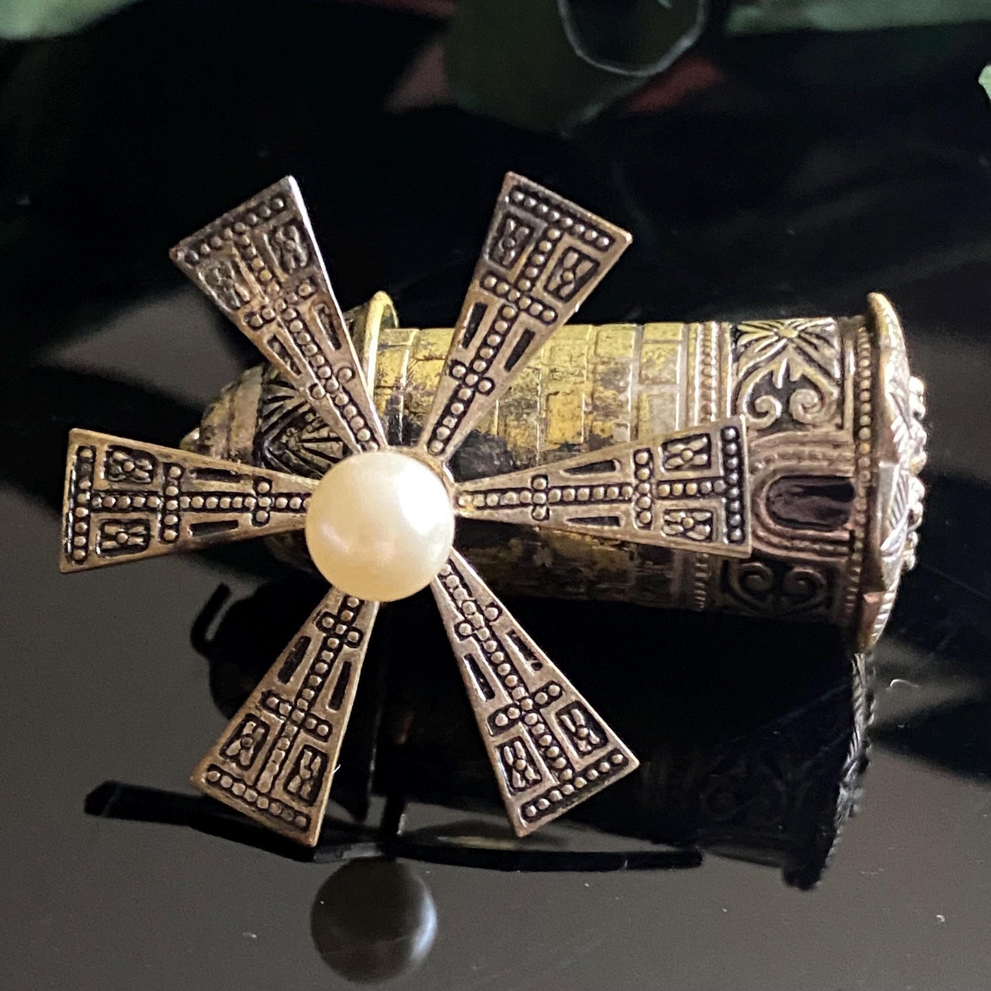 Vintage Spanish Damascene Articulated Windmill Brooch