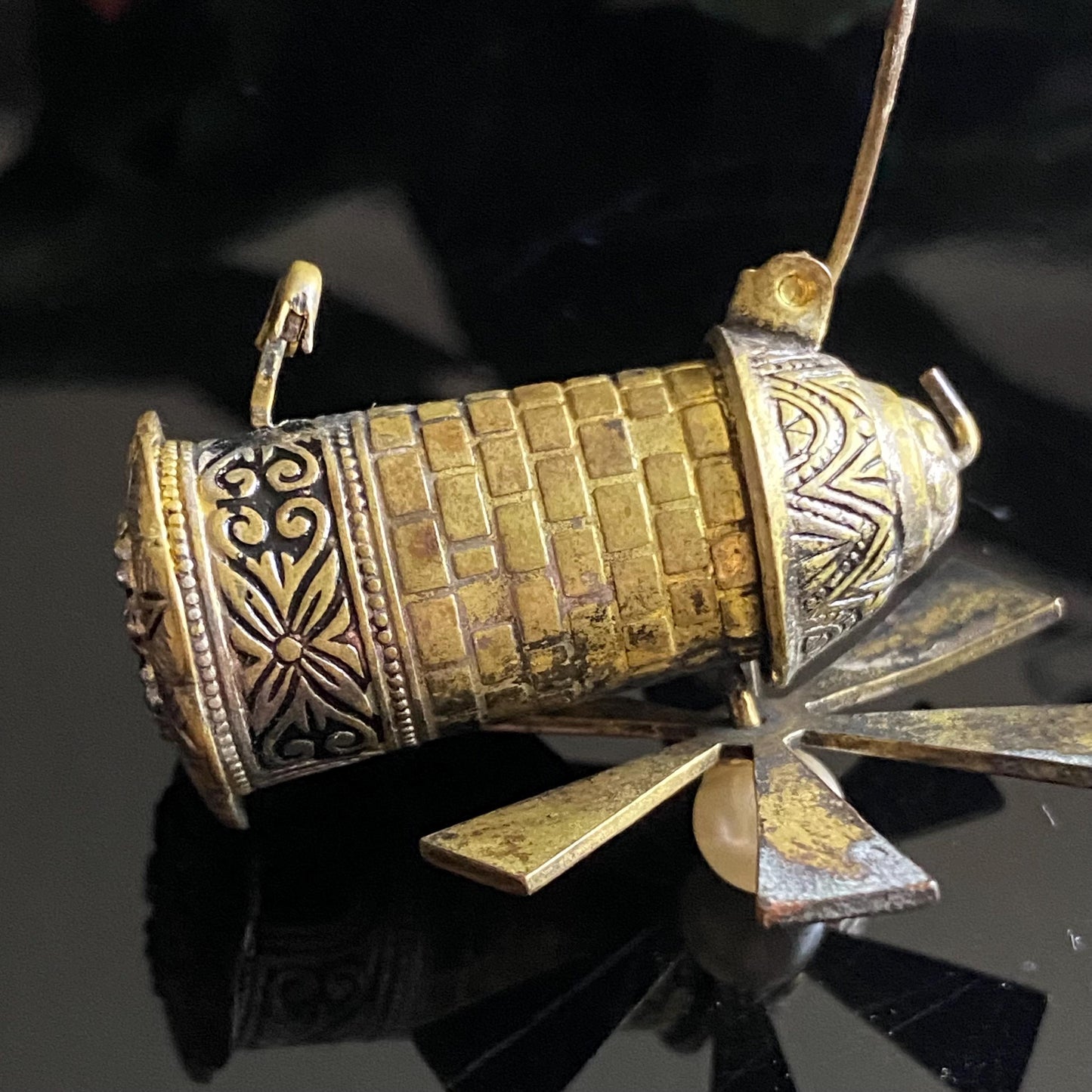 Vintage Spanish Damascene Articulated Windmill Brooch