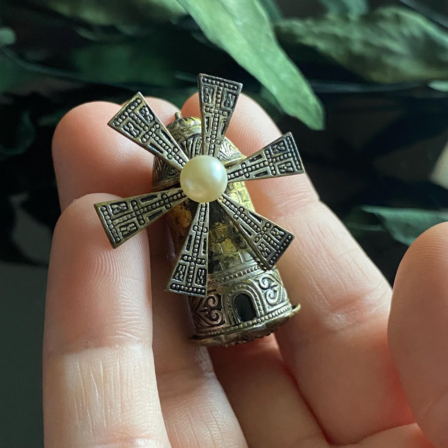 Vintage Spanish Damascene Articulated Windmill Brooch