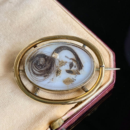 Antique Victorian Hairwork Glass Locket Brooch