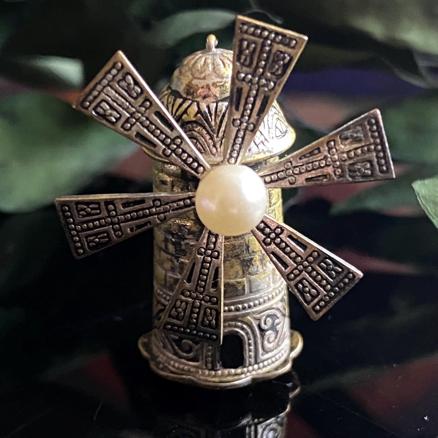 Vintage Spanish Damascene Articulated Windmill Brooch