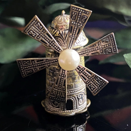 Vintage Spanish Damascene Articulated Windmill Brooch