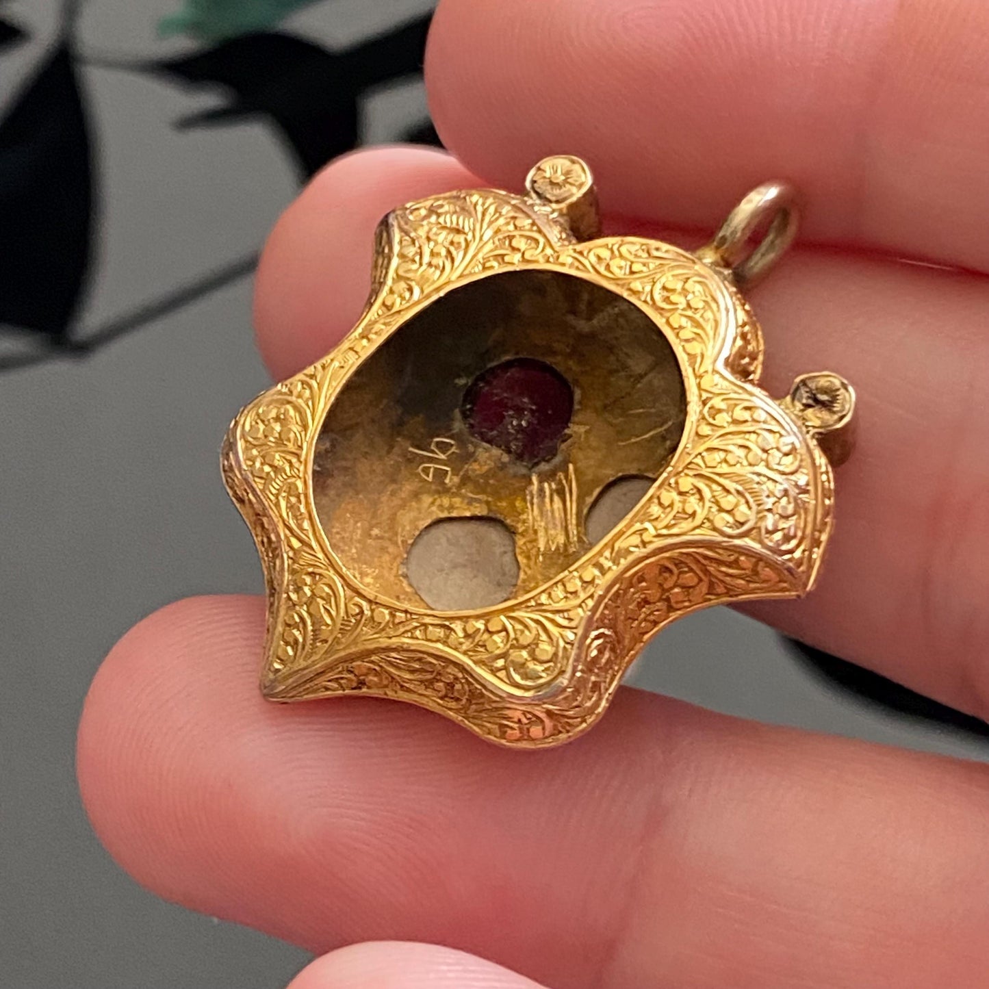 Antique 9k Gold Garnet Engraved Shield Locket With Blonde Hair