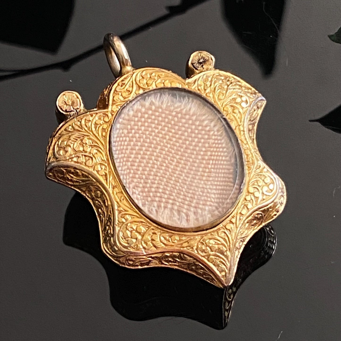 Antique 9k Gold Garnet Engraved Shield Locket With Blonde Hair