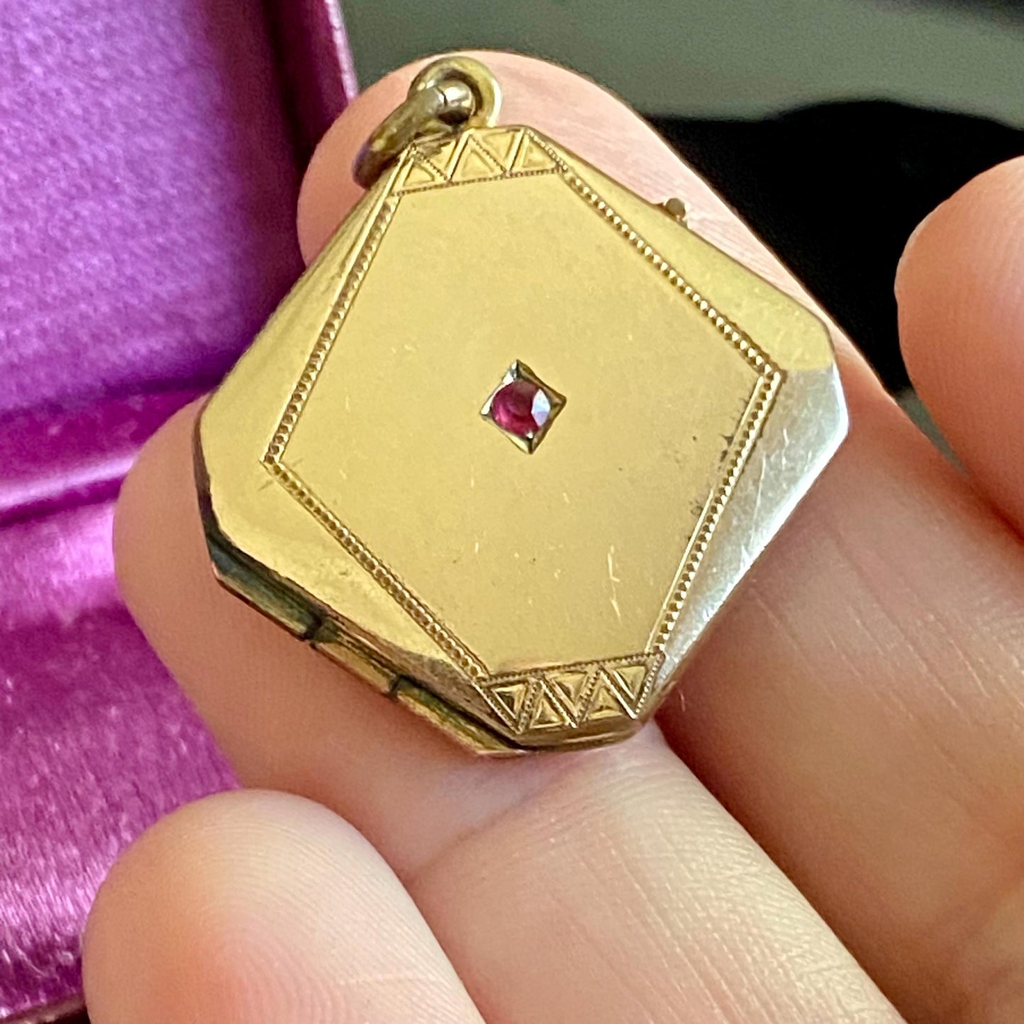 Antique Jugendstil Gold Filled Pink Paste Square Locket