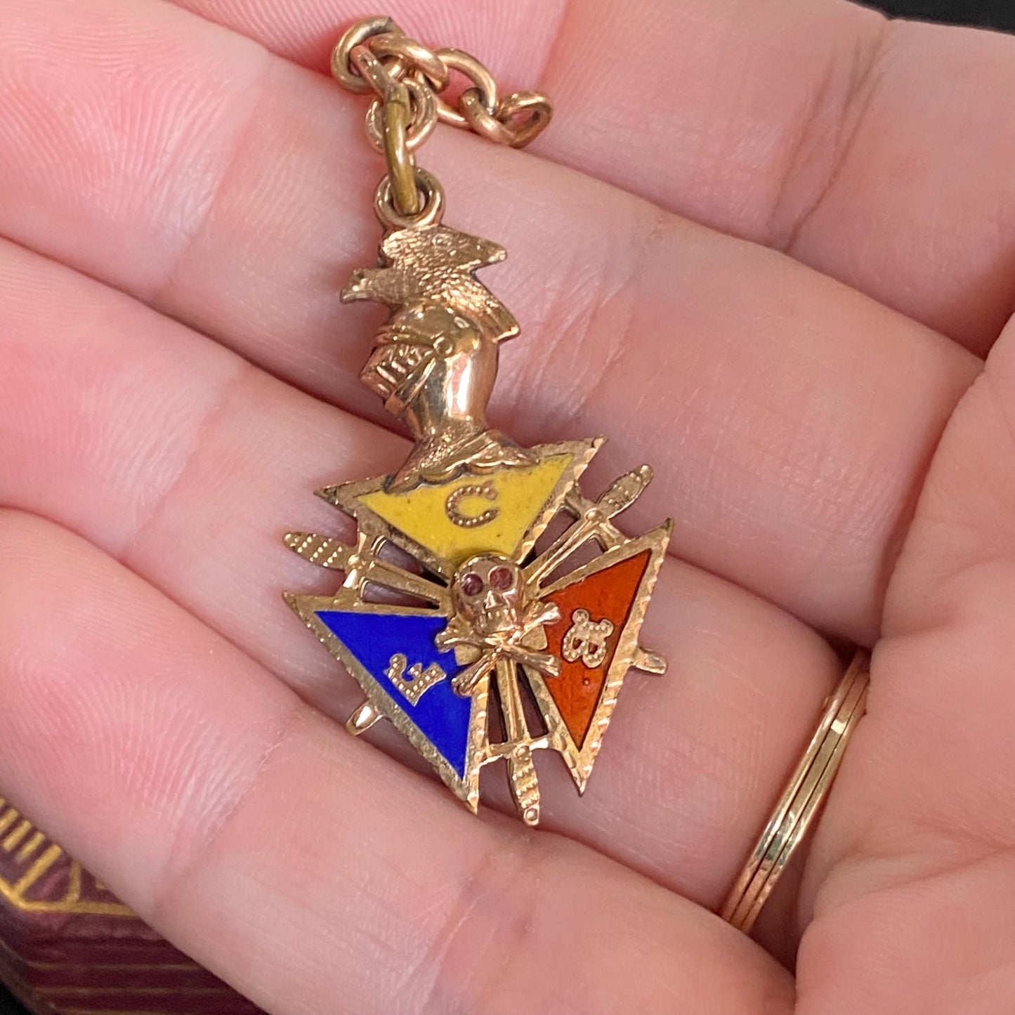 Antique Gold Filled Knights of Pythias FBC Skull Enamel Fob Charm With Short Chain