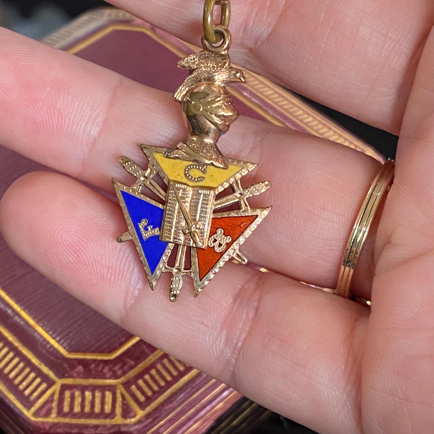 Antique Gold Filled Knights of Pythias FBC Skull Enamel Fob Charm With Short Chain