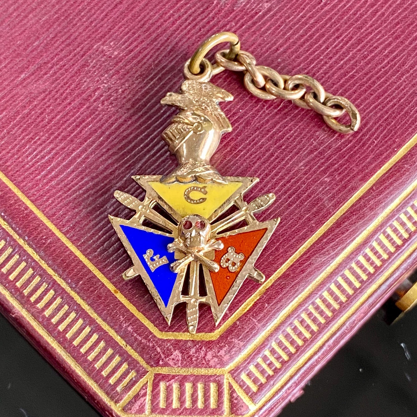 Antique Gold Filled Knights of Pythias FBC Skull Enamel Fob Charm With Short Chain