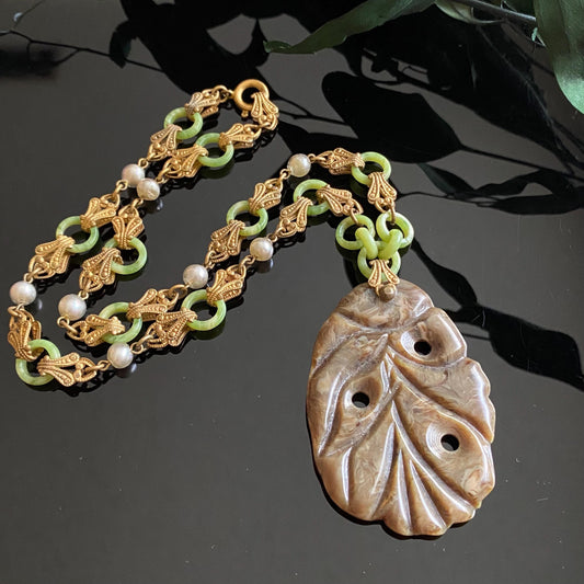 Antique Vintage Art Deco Faux Jade & Glass Pearl Filigree Necklace