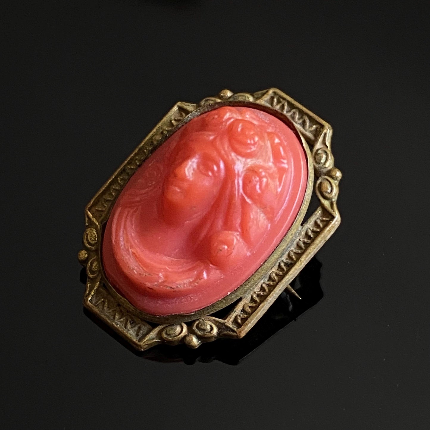 Antique Vintage Art Deco Petite Red Celluloid Cameo Pin Brooch
