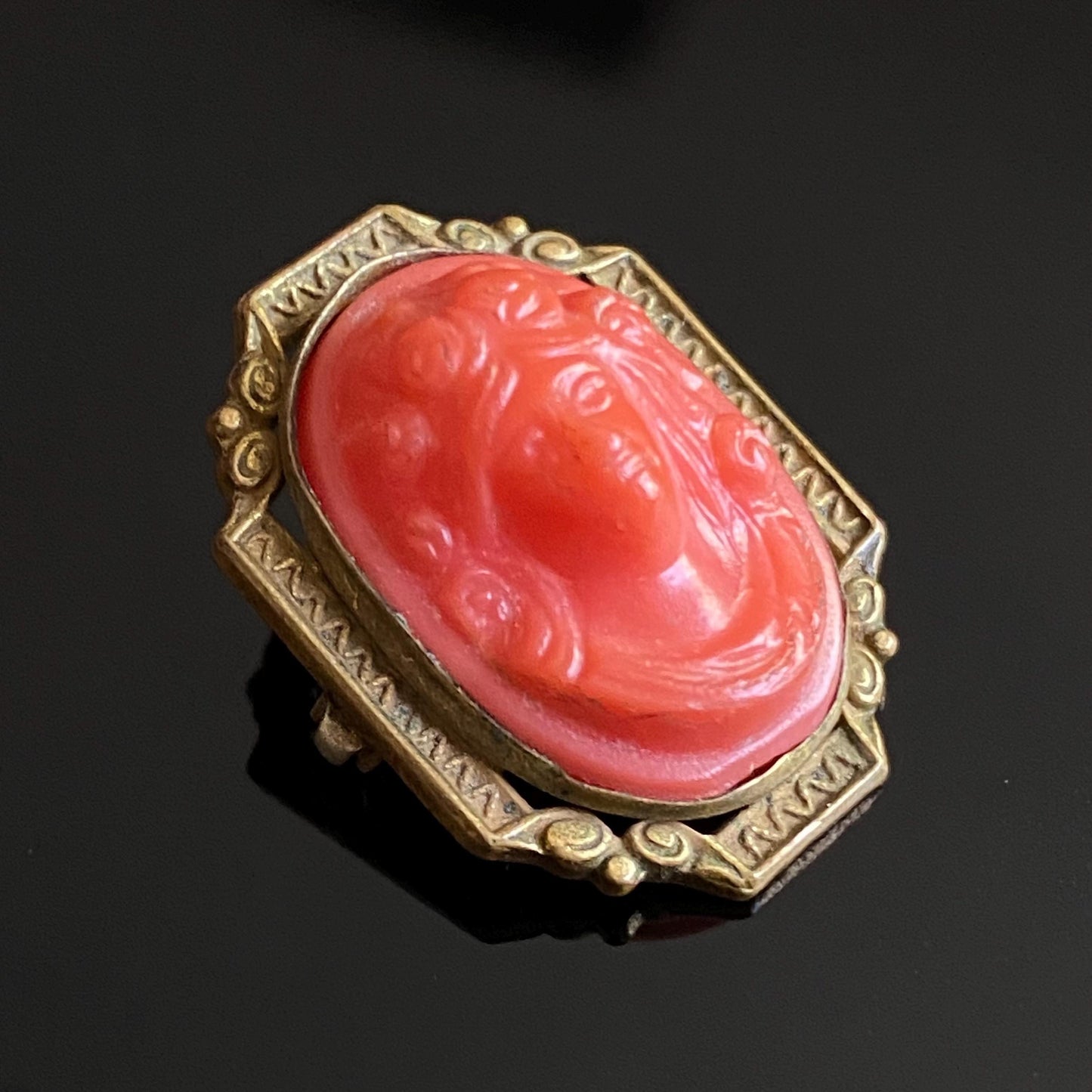 Antique Vintage Art Deco Petite Red Celluloid Cameo Pin Brooch