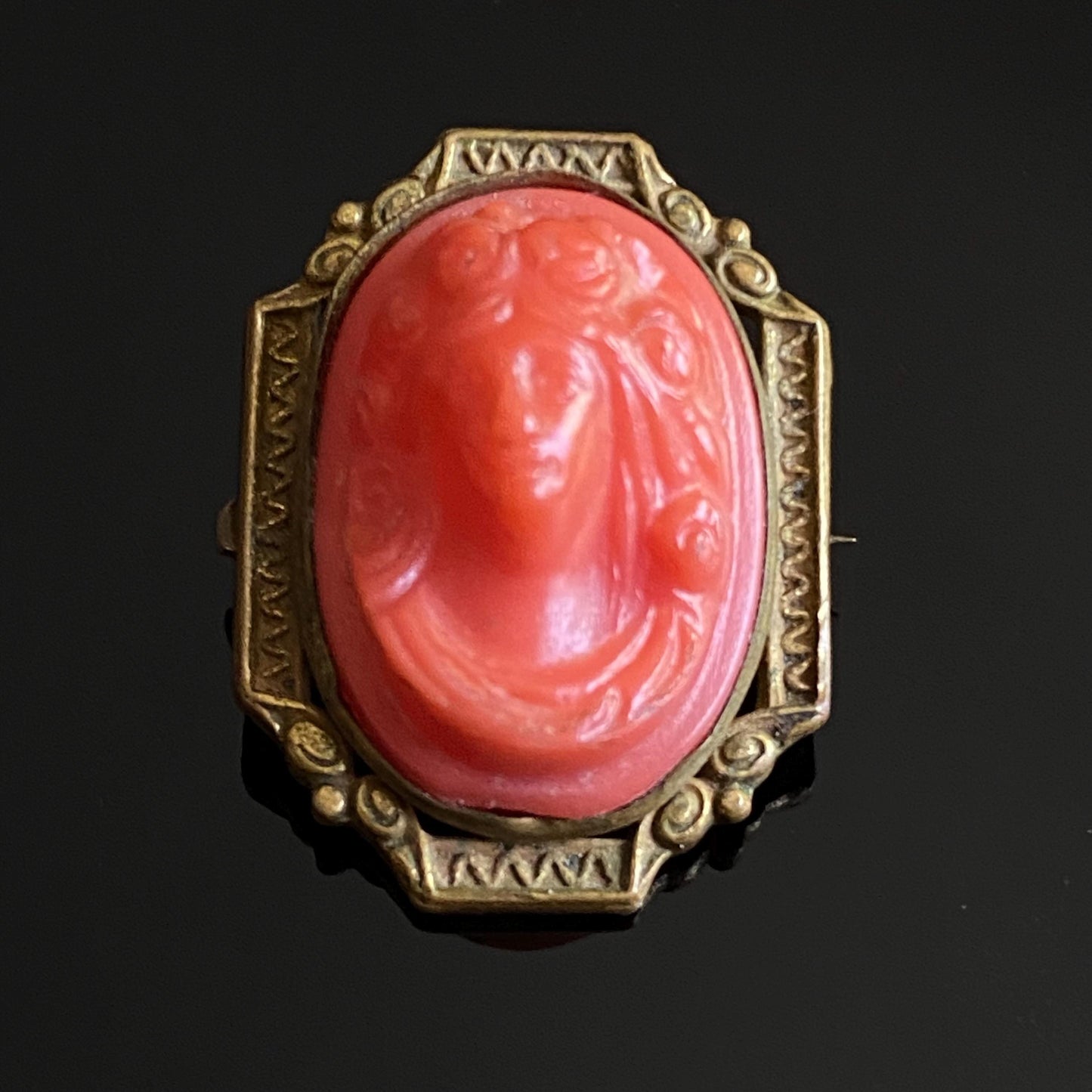 Antique Vintage Art Deco Petite Red Celluloid Cameo Pin Brooch