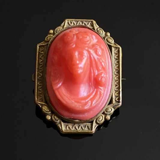 Antique Vintage Art Deco Petite Red Celluloid Cameo Pin Brooch