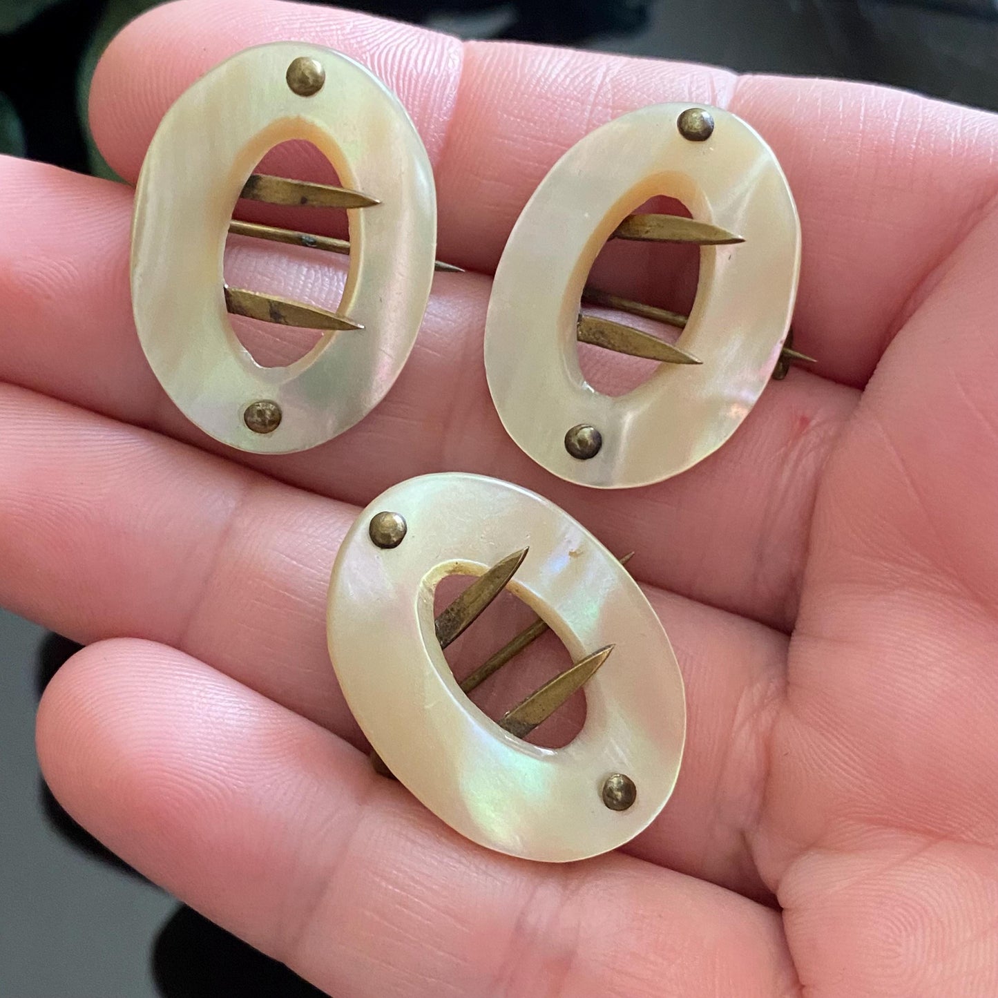Antique Mother of Pearl Buckle Pin Brooch Set