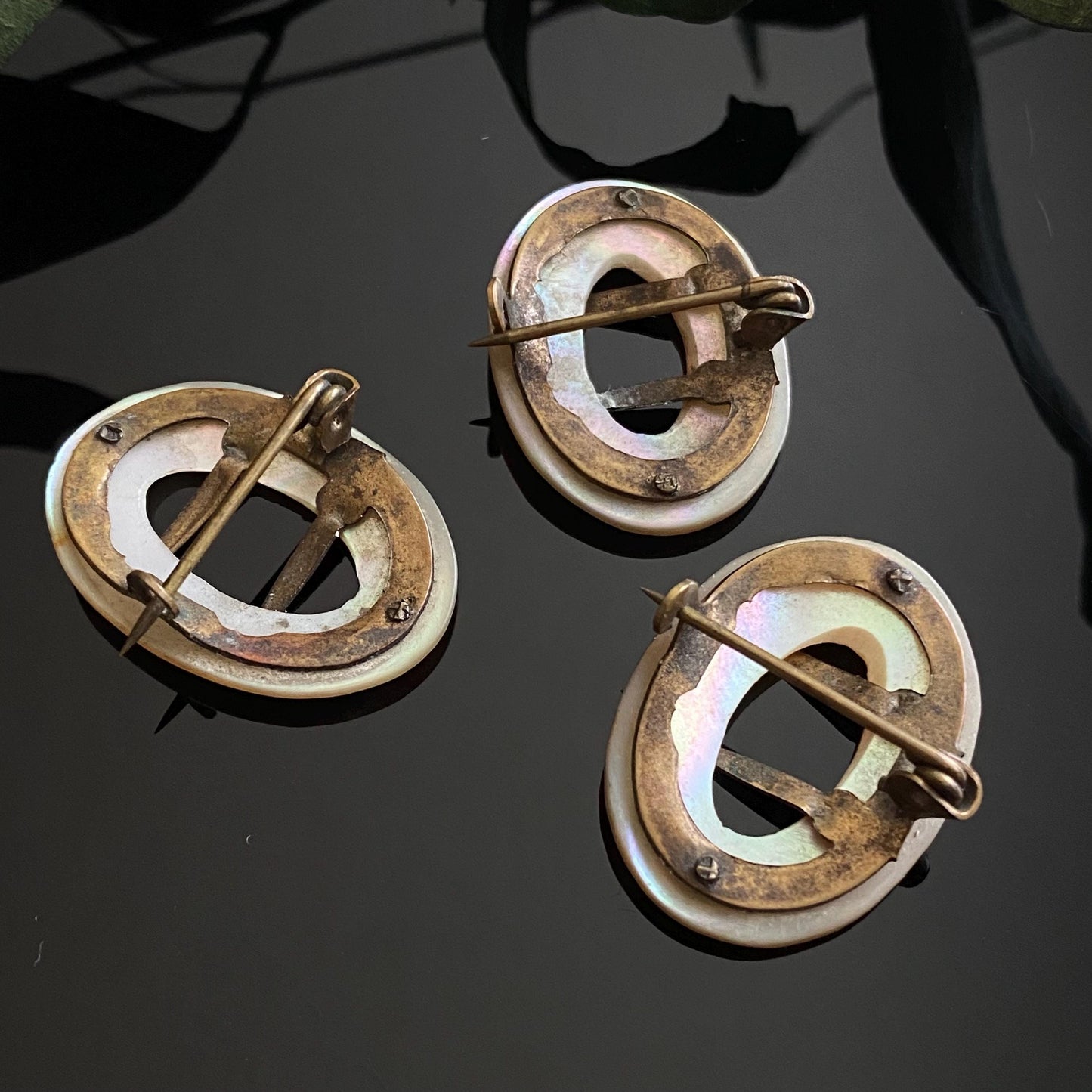 Antique Mother of Pearl Buckle Pin Brooch Set