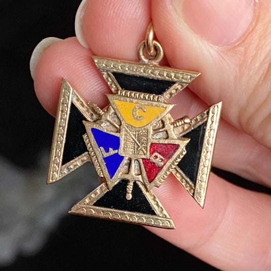 Antique Gold Filled Knights of Pythias F.B.C. Double Sides Enamel Cross Fob Charm