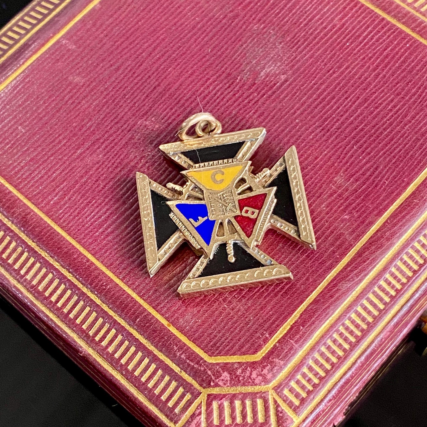 Antique Gold Filled Knights of Pythias F.B.C. Double Sides Enamel Cross Fob Charm