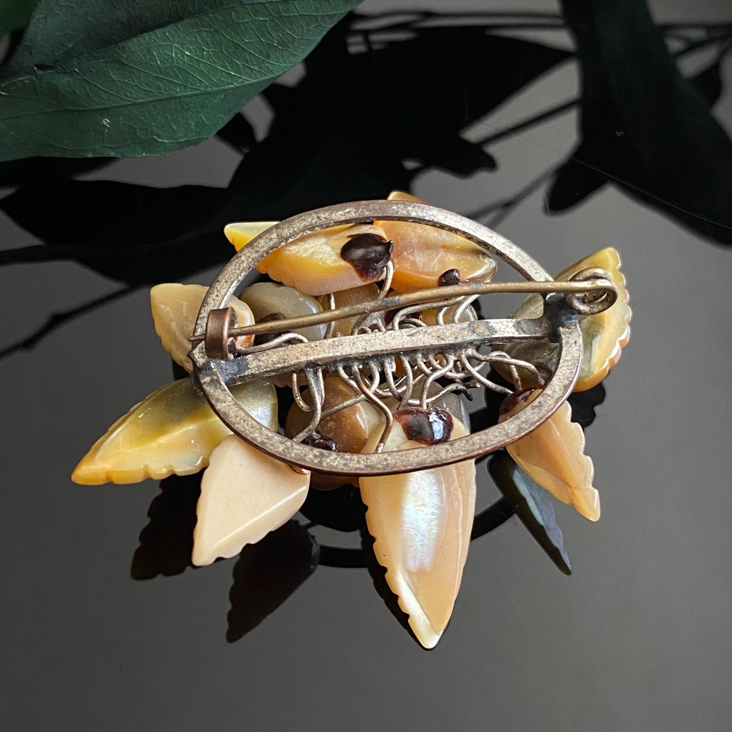 Antique Vintage Carved Mother of Pearl Flowers & Leaves Brooch