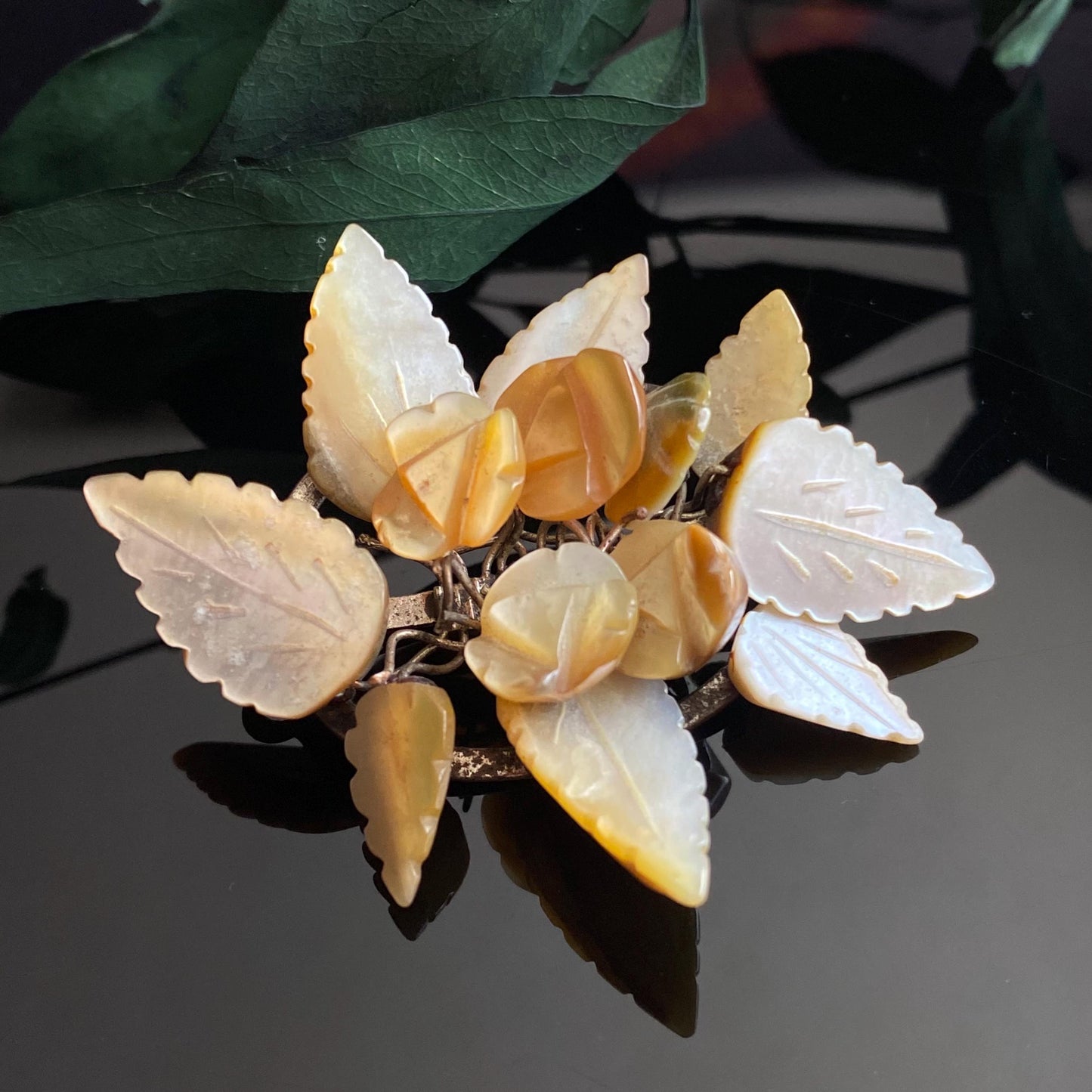 Antique Vintage Carved Mother of Pearl Flowers & Leaves Brooch