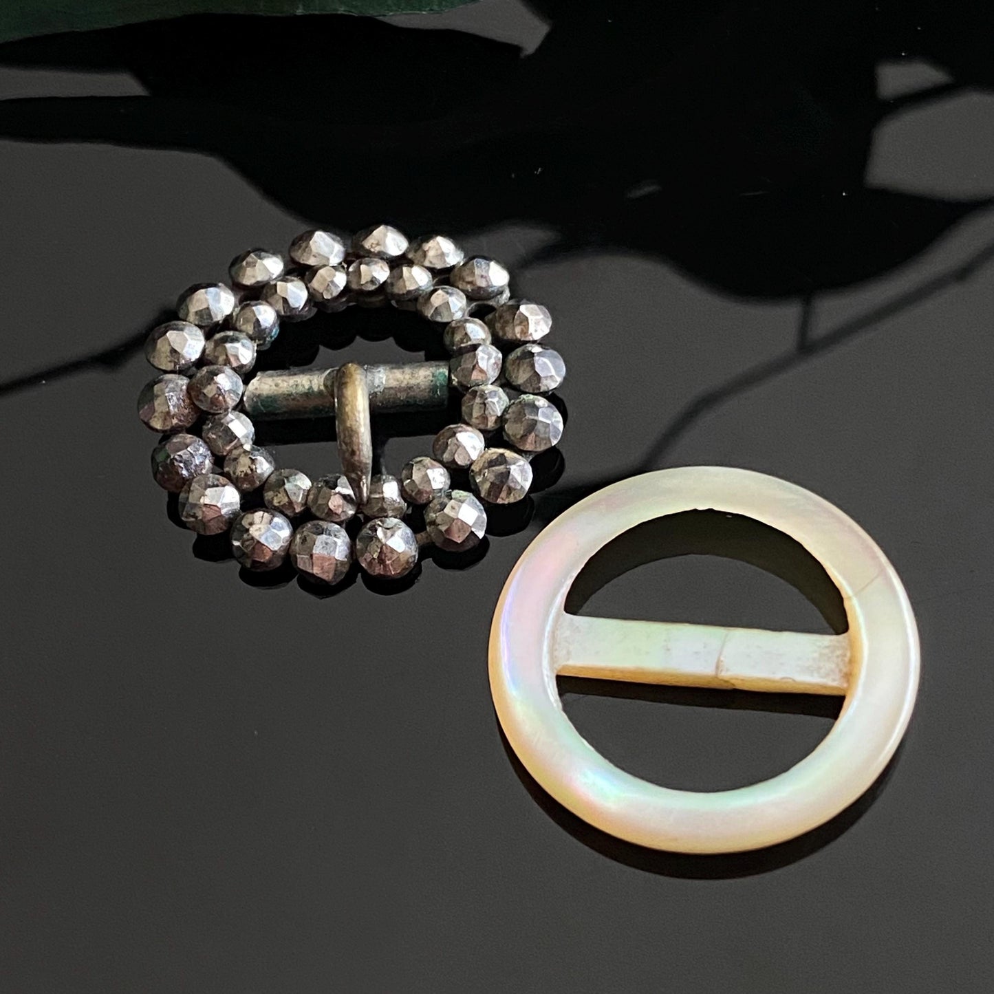 Antique Victorian Jewelry Lot | Petite Fob Ribbon Slide Buckles | Mother of Pearl & Cut Steel Buckle
