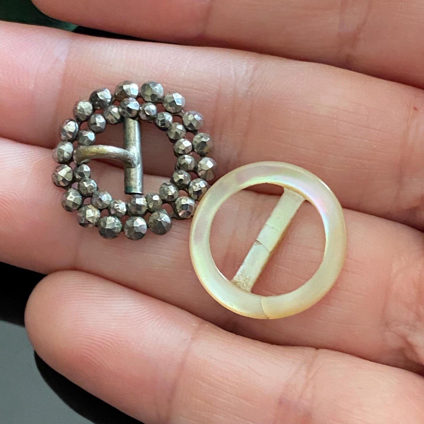 Antique Victorian Jewelry Lot | Petite Fob Ribbon Slide Buckles | Mother of Pearl & Cut Steel Buckle