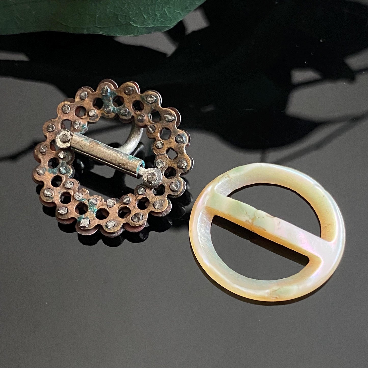 Antique Victorian Jewelry Lot | Petite Fob Ribbon Slide Buckles | Mother of Pearl & Cut Steel Buckle