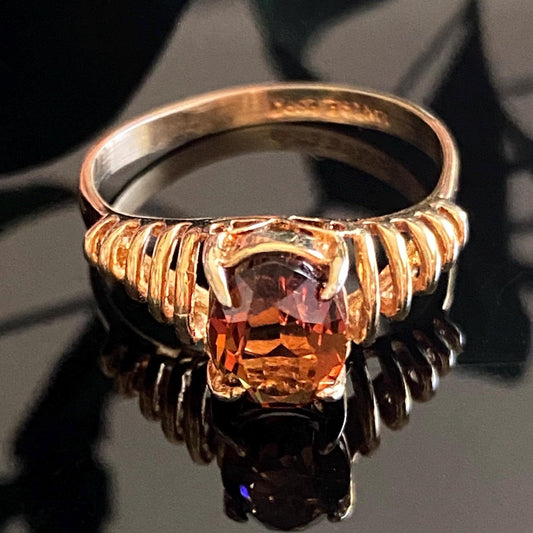 Vintage Espo Gold Plated Reddish Orange Oval Glass Ring Size 5.75