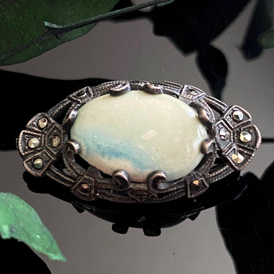 Vintage 925 Sterling Silver Art Deco Blue Nephrite & Marcasite Brooch