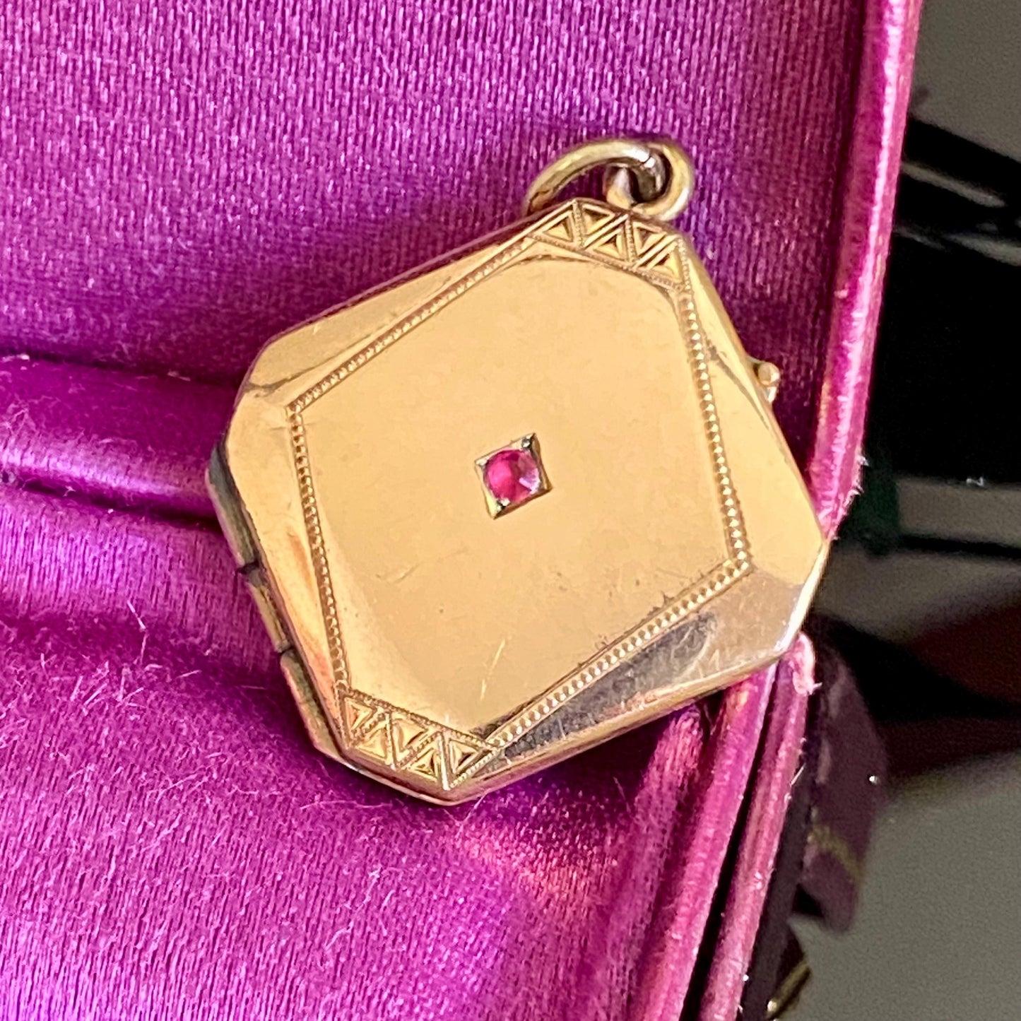 Antique Jugendstil Gold Filled Pink Paste Square Locket