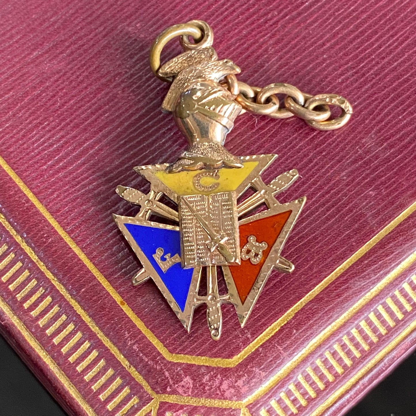 Antique Gold Filled Knights of Pythias FBC Skull Enamel Fob Charm With Short Chain