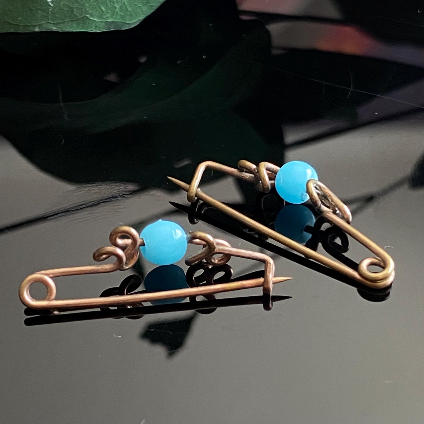 Antique Vintage Turquoise Glass Bead Gold Filled Baby Pin Set
