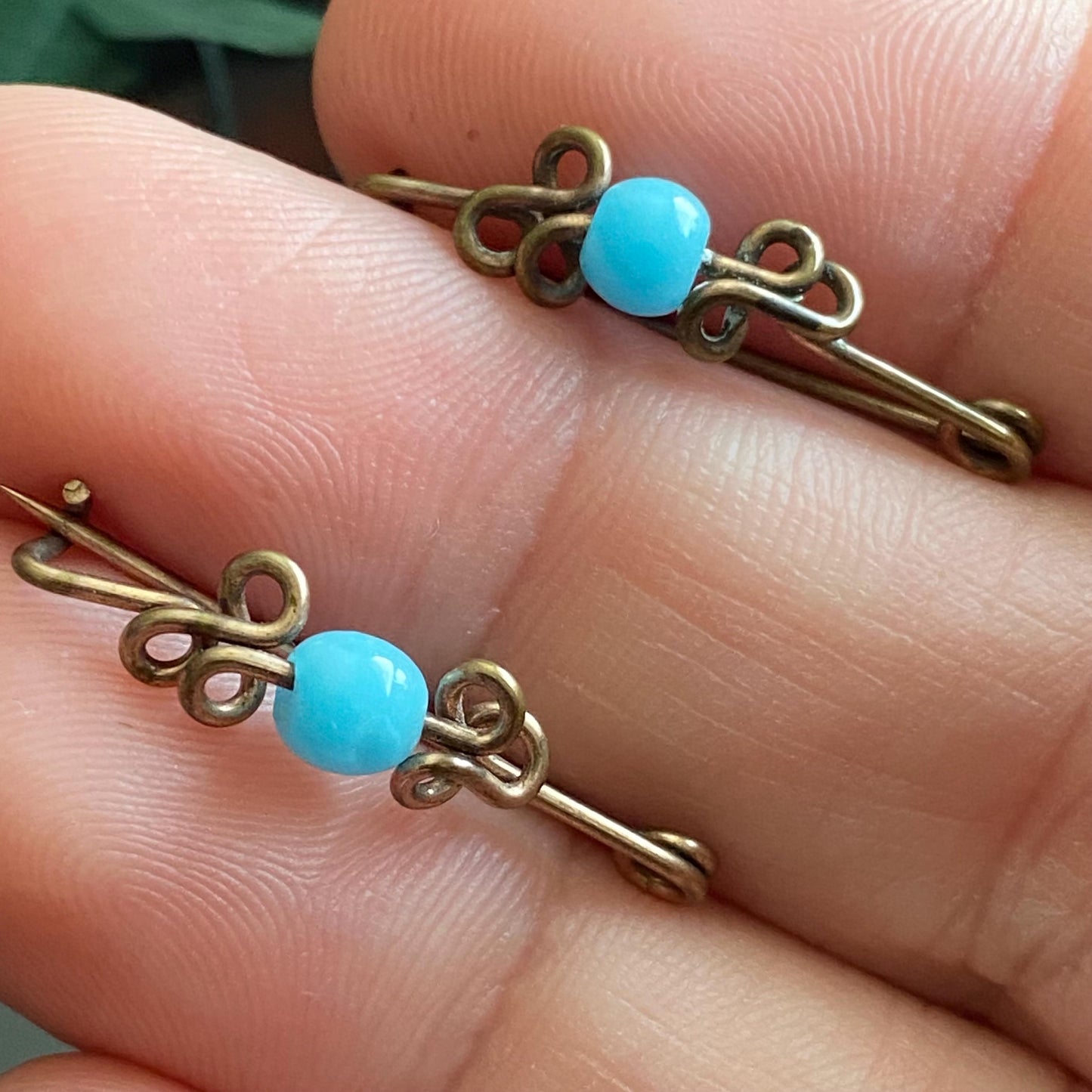 Antique Vintage Turquoise Glass Bead Gold Filled Baby Pin Set