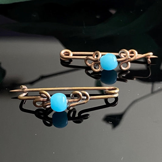 Antique Vintage Turquoise Glass Bead Gold Filled Baby Pin Set