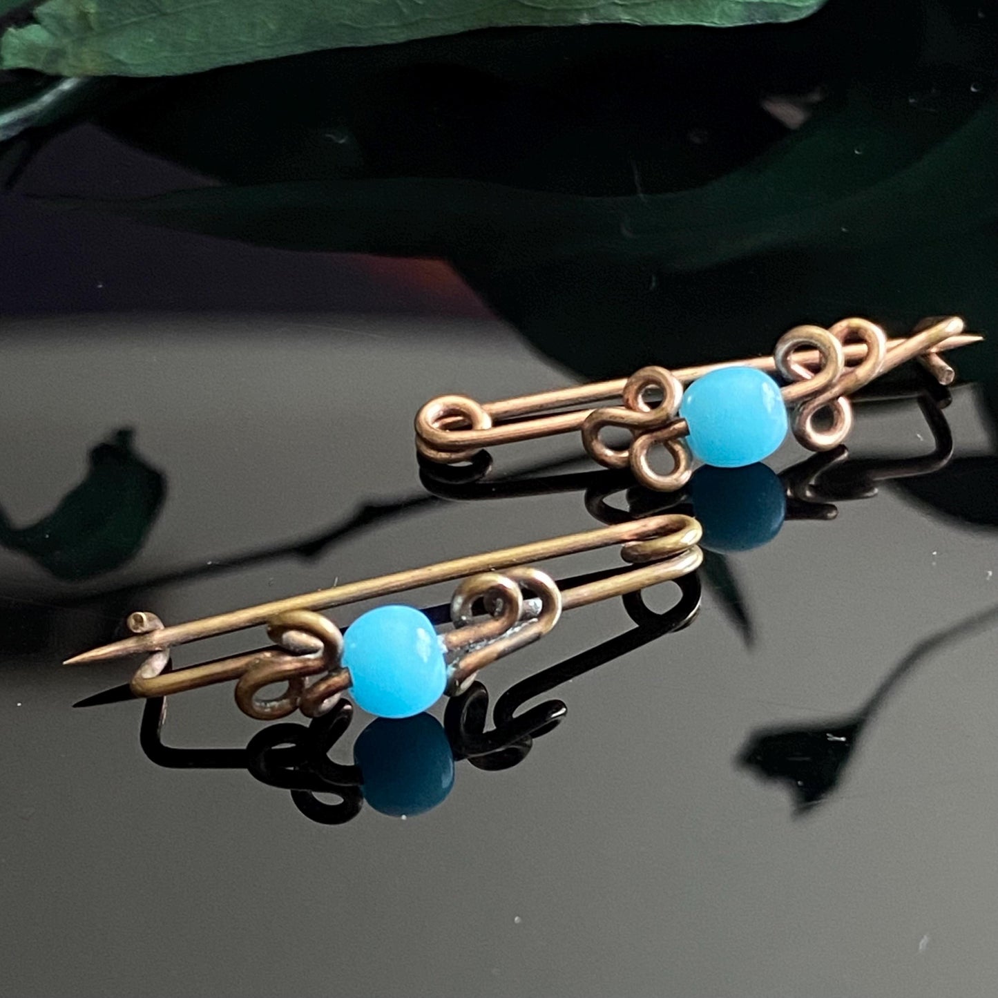 Antique Vintage Turquoise Glass Bead Gold Filled Baby Pin Set