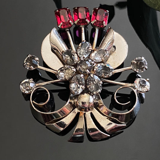 Vintage Retro White Gold Filled Red & Clear Rhinestone Floral Fan Brooch Signed Quill