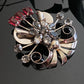 Vintage Retro White Gold Filled Red & Clear Rhinestone Floral Fan Brooch Signed Quill