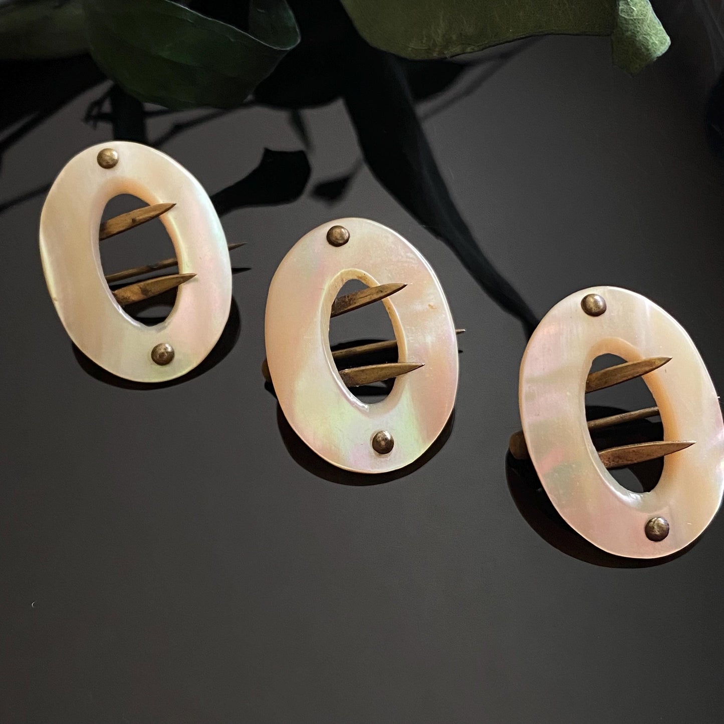 Antique Mother of Pearl Buckle Pin Brooch Set
