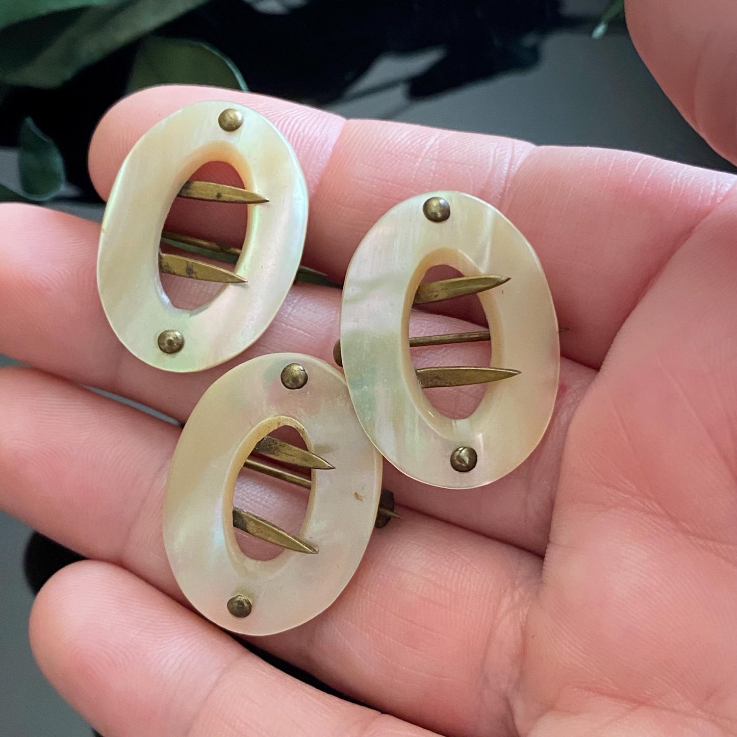 Antique Mother of Pearl Buckle Pin Brooch Set