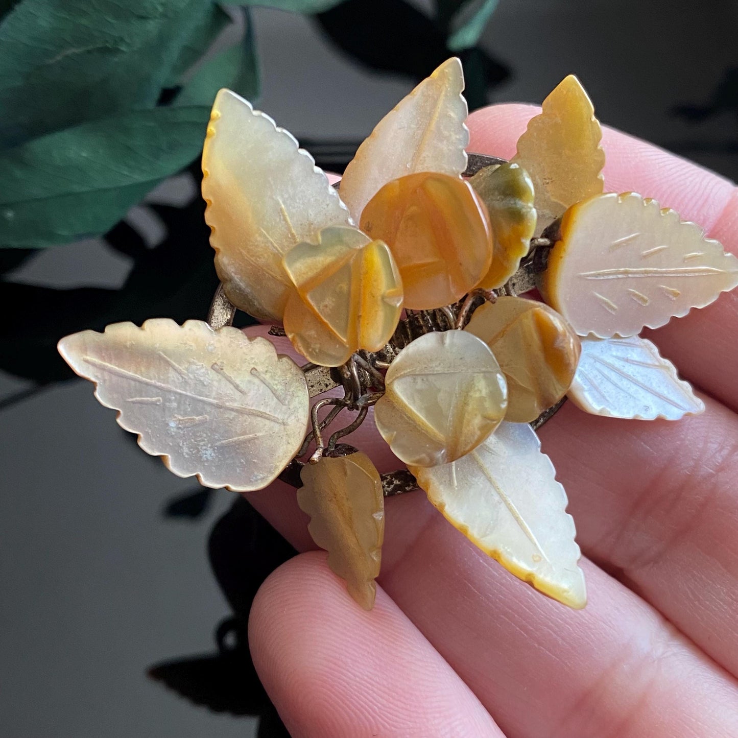 Antique Vintage Carved Mother of Pearl Flowers & Leaves Brooch