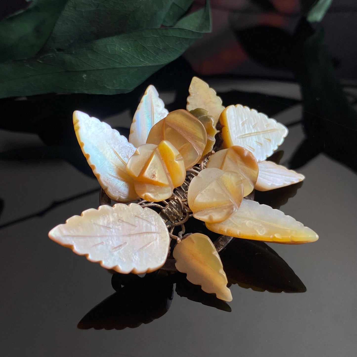 Antique Vintage Carved Mother of Pearl Flowers & Leaves Brooch