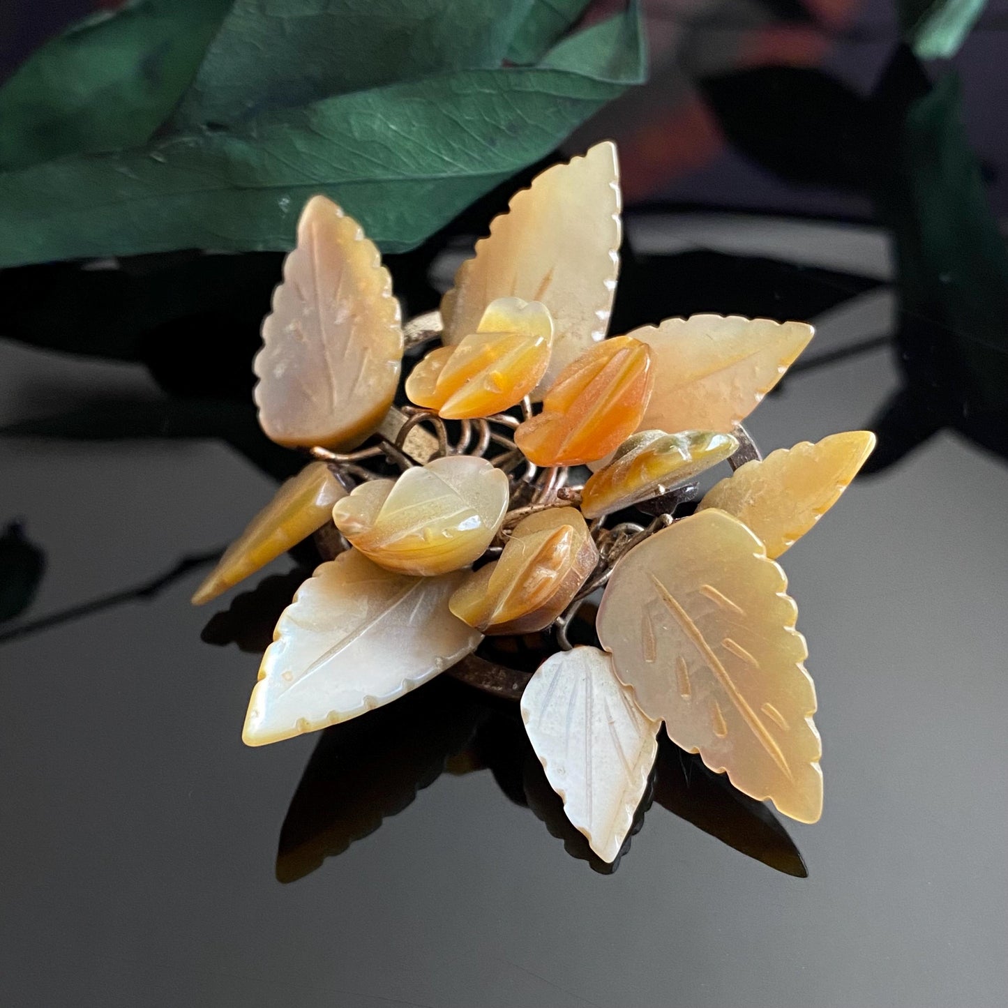 Antique Vintage Carved Mother of Pearl Flowers & Leaves Brooch