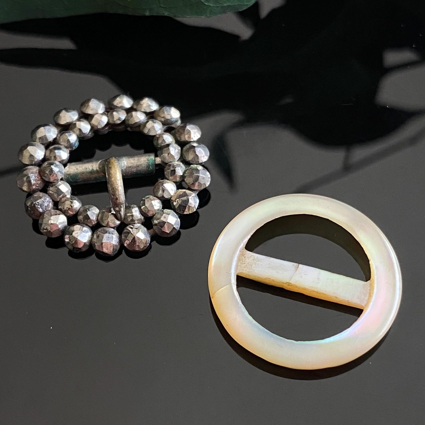 Antique Victorian Jewelry Lot | Petite Fob Ribbon Slide Buckles | Mother of Pearl & Cut Steel Buckle