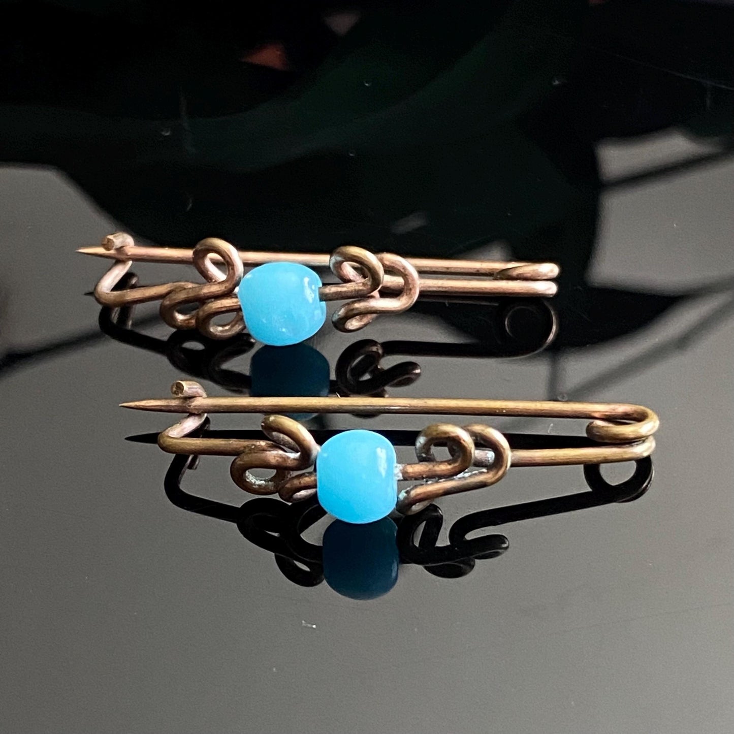 Antique Vintage Turquoise Glass Bead Gold Filled Baby Pin Set
