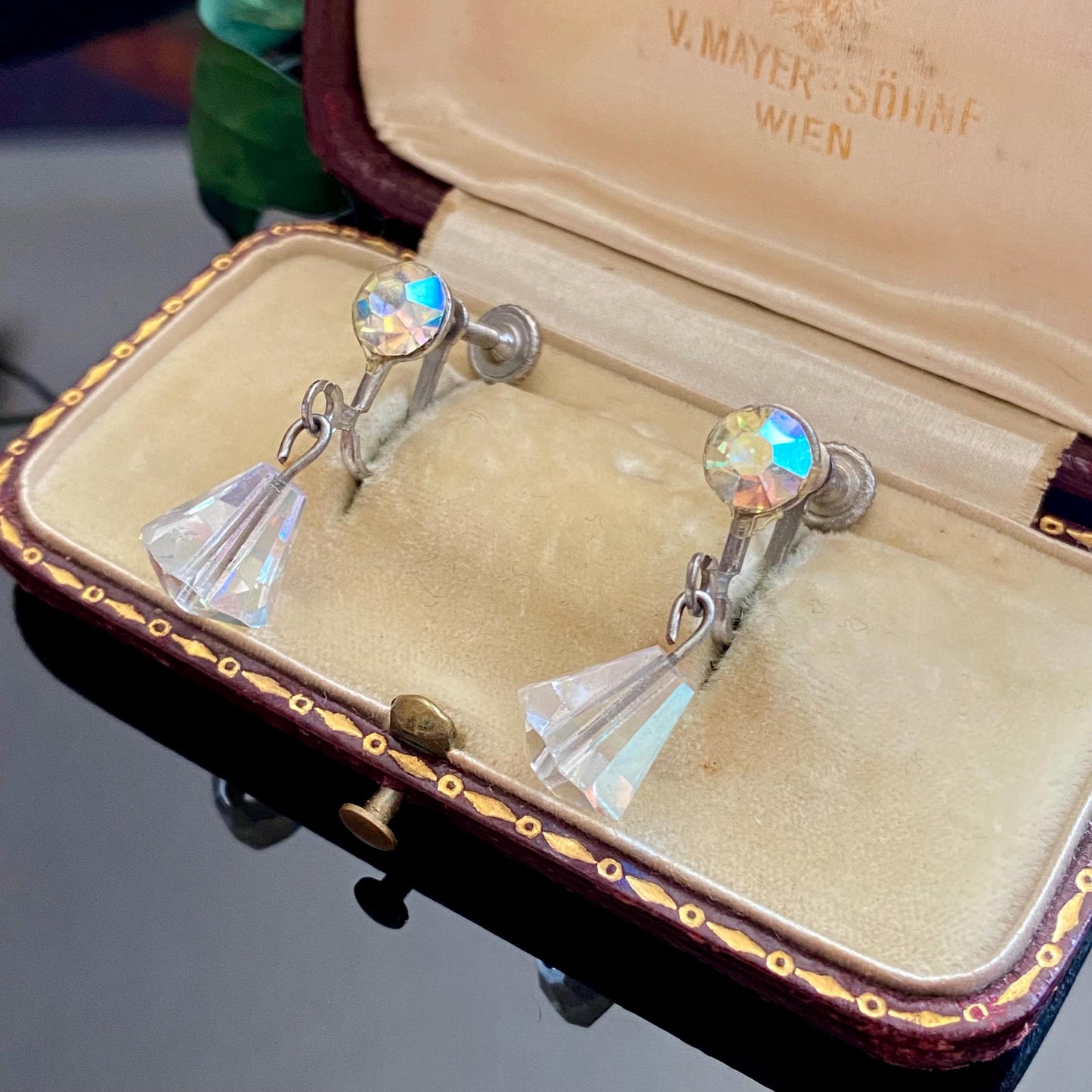 Vintage Aurora Borealis AB Crystal Drop Screw Back Earrings