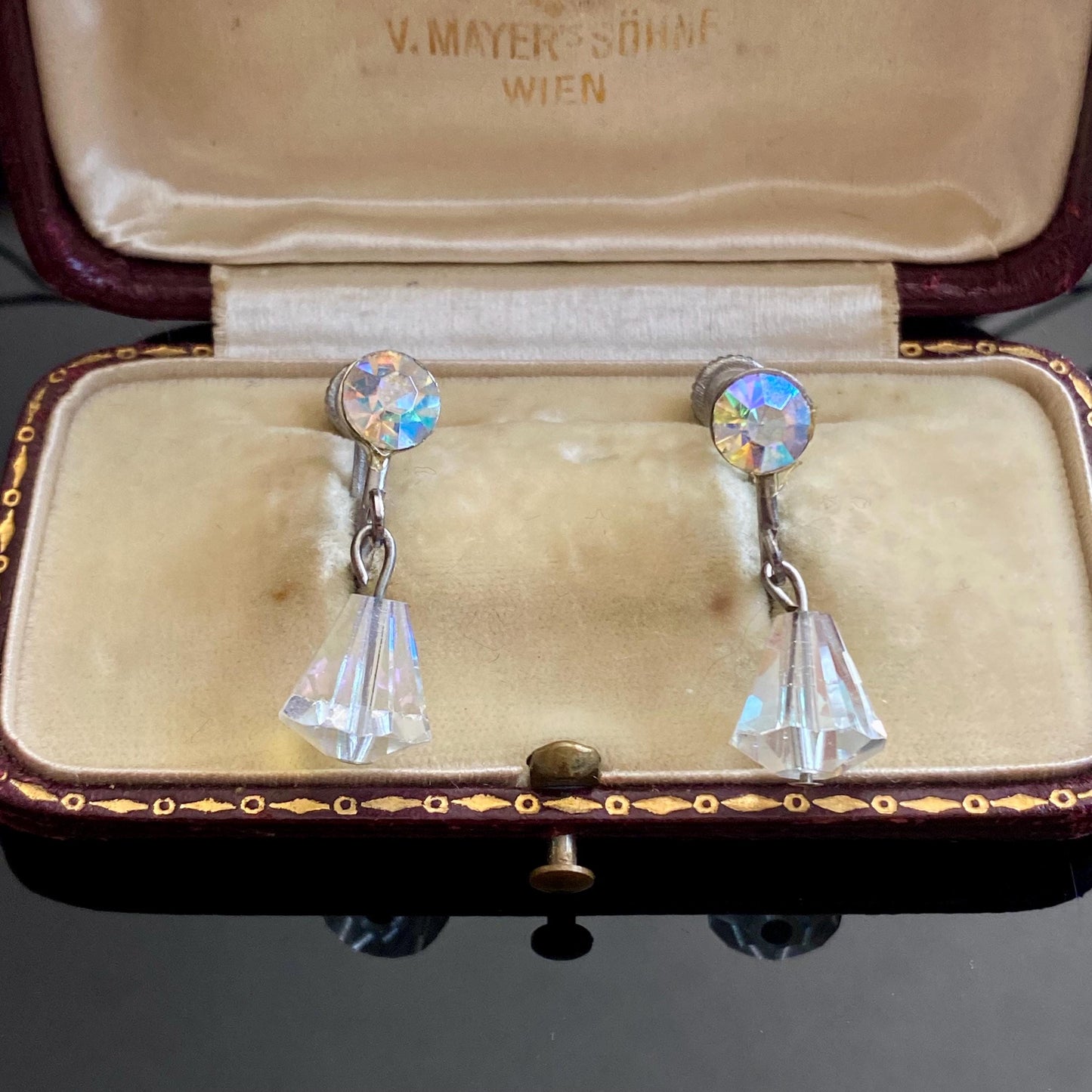 Vintage Aurora Borealis AB Crystal Drop Screw Back Earrings