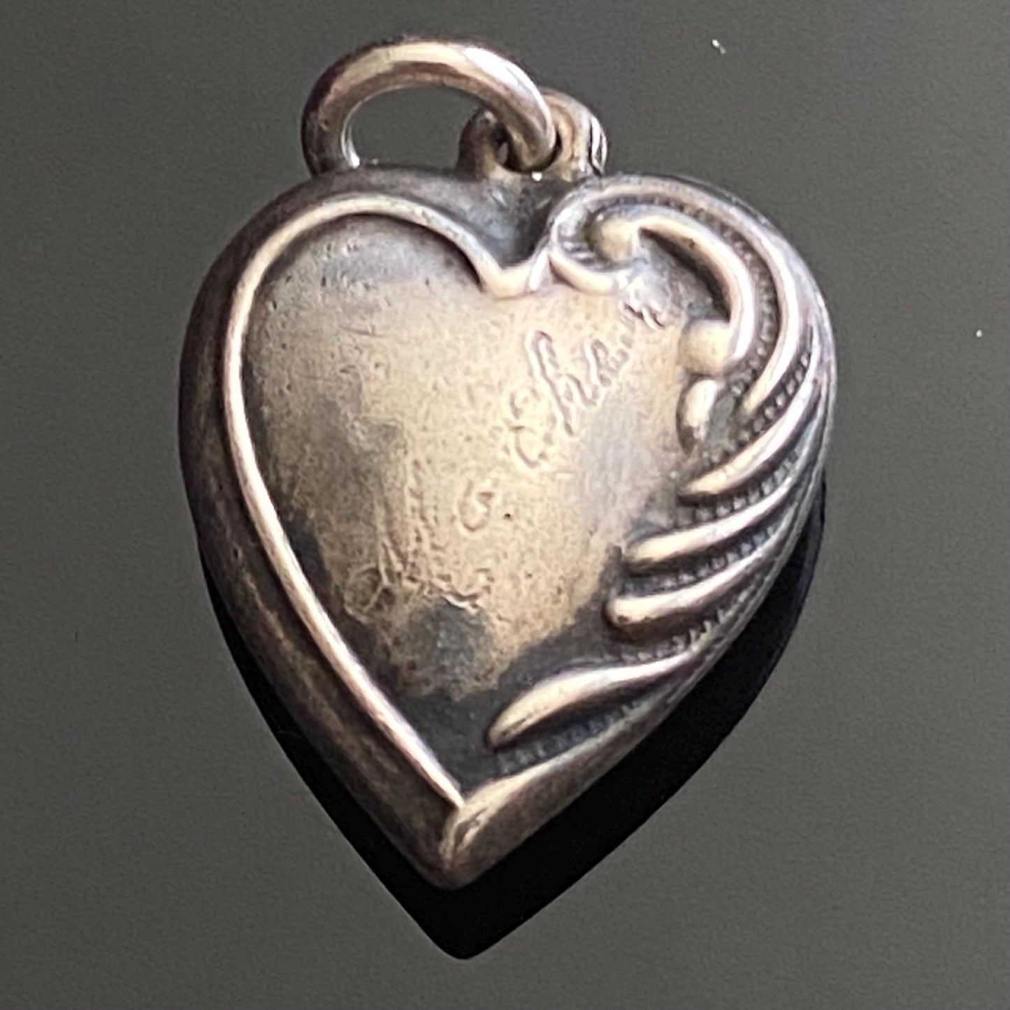 Vintage 925 Sterling Silver 1940s Repousse Puffy Heart Charm Pendant Engraved Mother