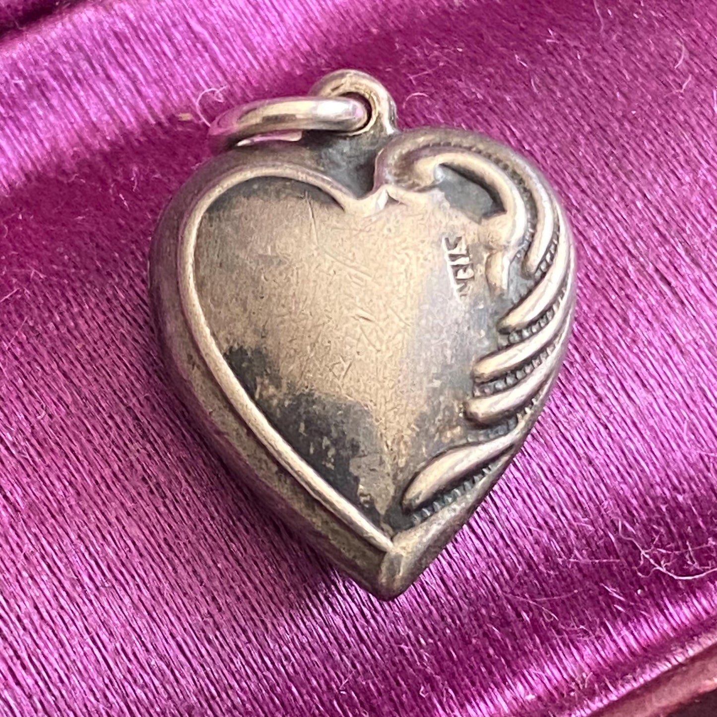 Vintage 925 Sterling Silver 1940s Repousse Puffy Heart Charm Pendant Engraved Mother